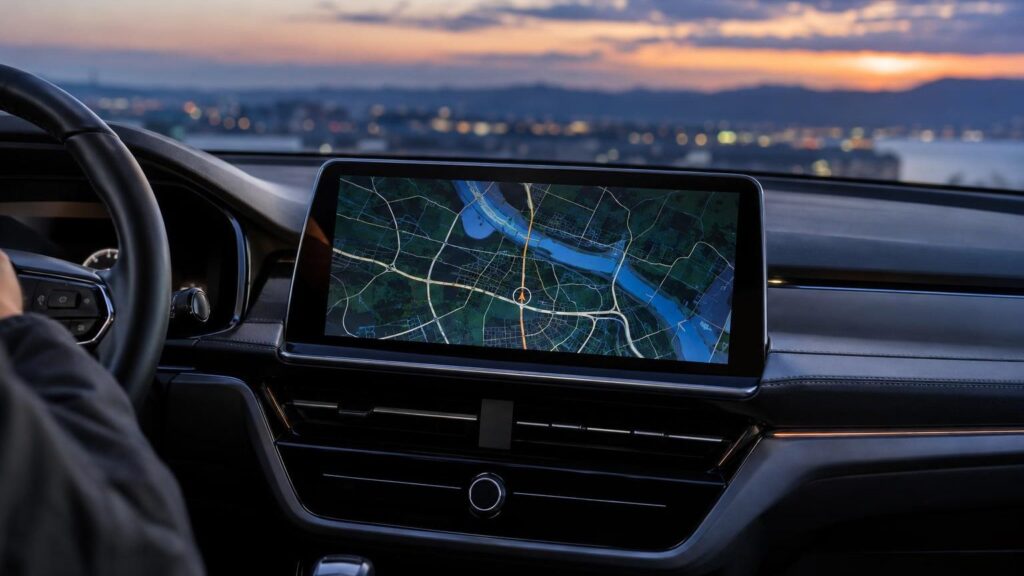 Car navigation screen with an updated road map