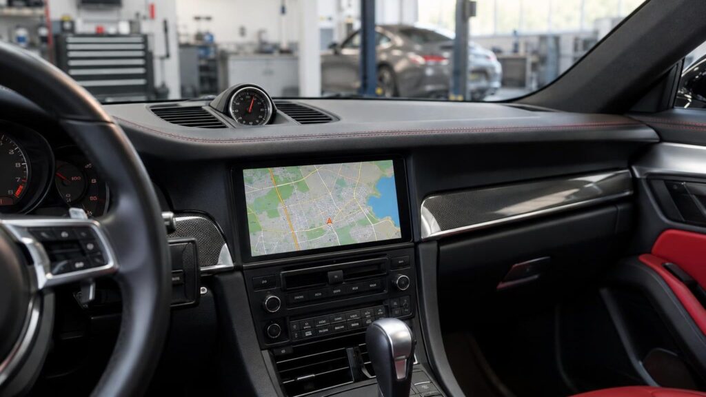 Porsche navigation screen with a map