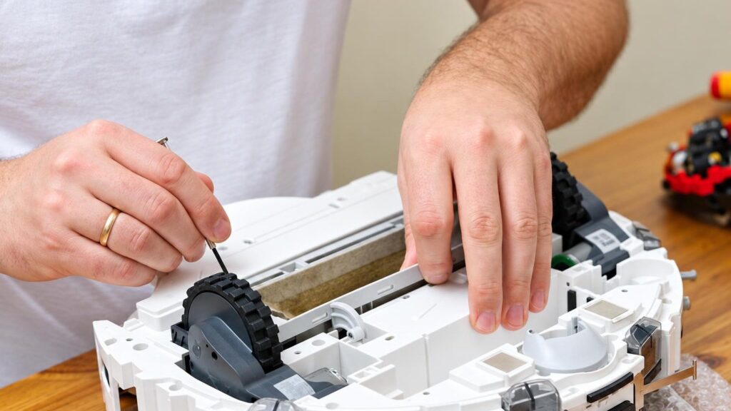 Robot vacuum cleaner in a repair workshop