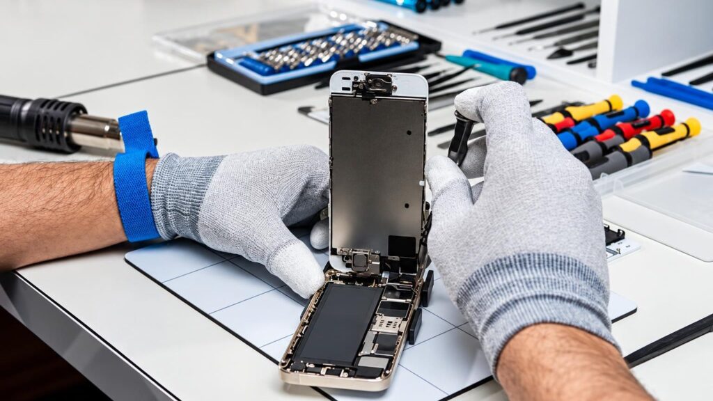 A technician repairing a smartphone screen in the workshop