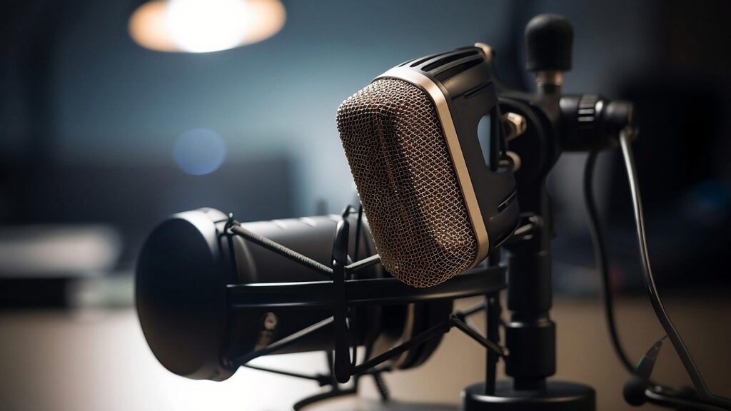 Podcast'ui skirtas mikrofonas ant stovo prie kompiuterio, pasirinkimo ir garso kokybės tema