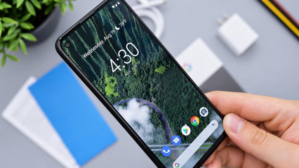 Pigus išmanusis telefonas ant stalo su kaina, simbolizuojantis pigių telefonų įvertinimą iki 100 eurų