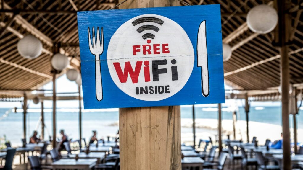 Žmogus kavinėje naudoja telefoną ir nešiojamąjį kompiuterį prie kavos puodelio ir nemokamo WiFi