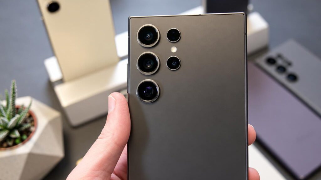 Aukščiausios klasės išmanusis telefonas su ryškiu AMOLED ekranu ant tamsaus paviršiaus