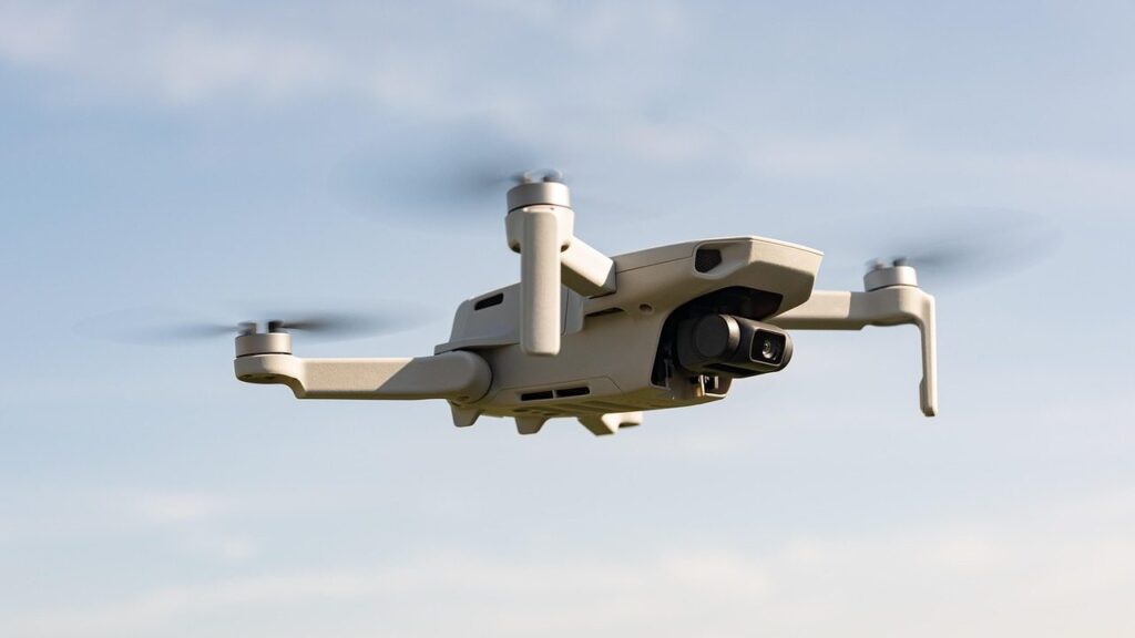 Mažas kvadrokopterio tipo dronas su kamera skrenda virš žalios pievos ir miško