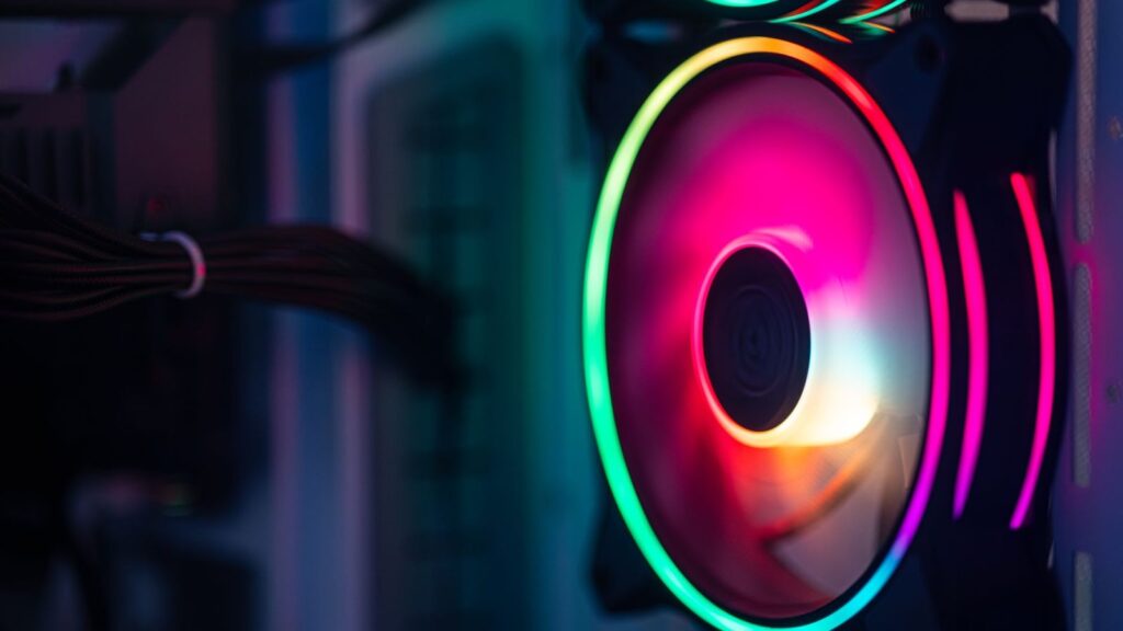 Atidaryto žaidimų kompiuterio korpusas su šviečiančiais RGB ventiliatoriais įvairiomis spalvomis