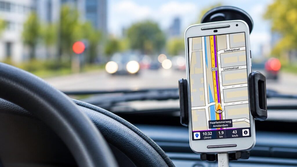 Belaidis įkrovimo laikiklis automobilio prietaisų skydelyje, kuriame įkraunamas išmanusis telefonas