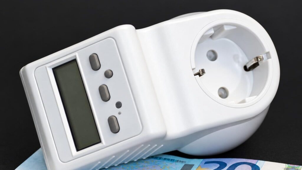 Išmanusis kištukas, įkištas į sieninę rozetę, šalia – telefonas su namų automatikos programėle.