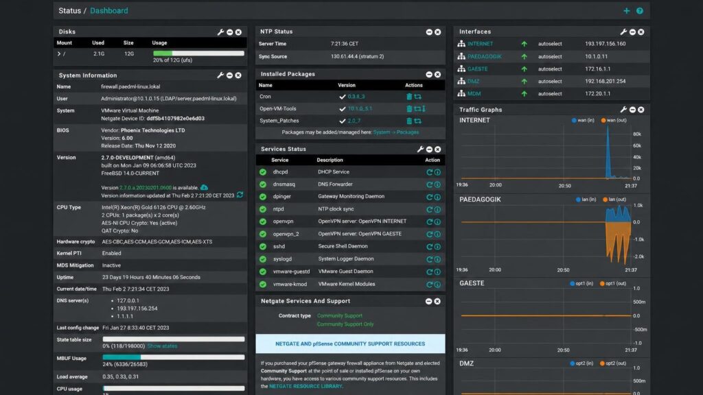 Kompiuteris su tinklo kabeliais, skirtas pfSense ugniasienei įdiegti