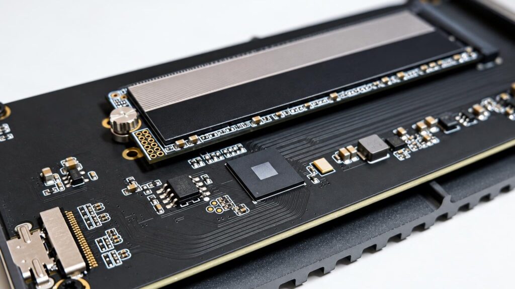 M.2 NVMe SSD diskas su žaliai plokštei ir auksinėmis jungtimis ant stalo